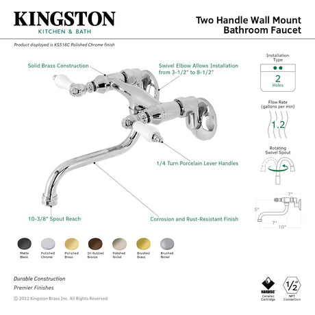 Kingston KS516SN Two-Handle 2-Hole Wall Mount Bathroom Faucet, Brushed Nickel
