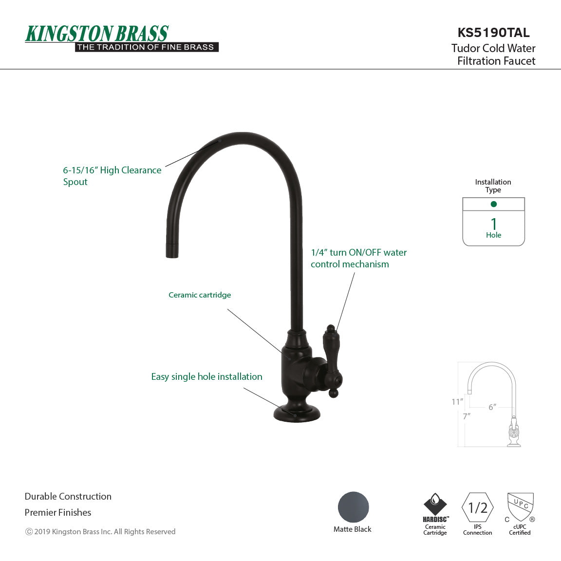 Tudor KS5190TAL Single-Handle 1-Hole Deck Mount Water Filtration Faucet, Matte Black