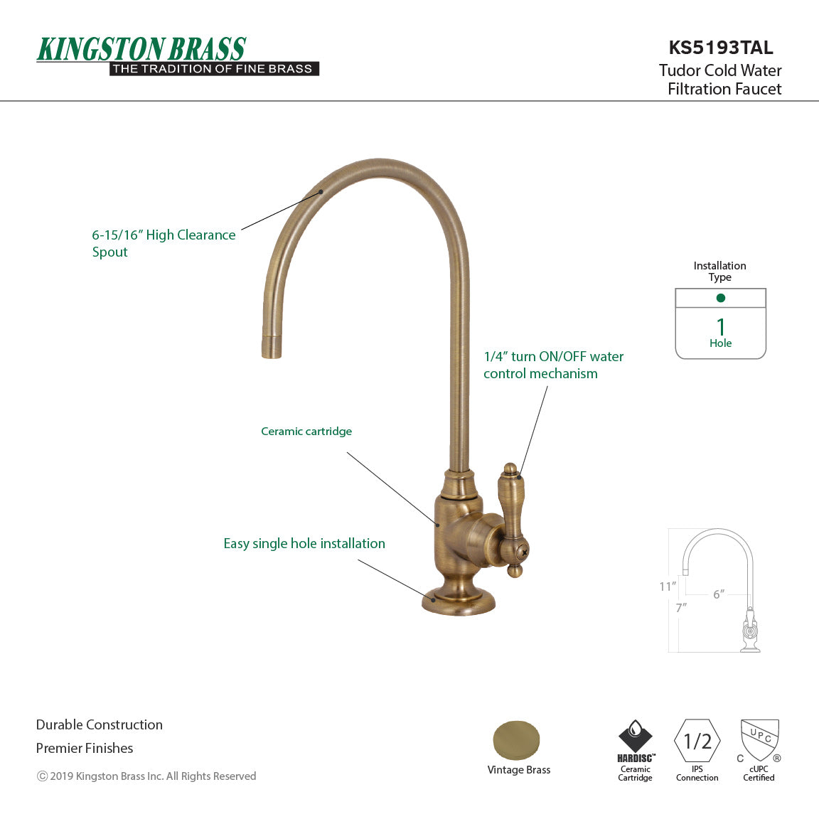 Tudor KS5193TAL Single-Handle 1-Hole Deck Mount Water Filtration Faucet, Antique Brass