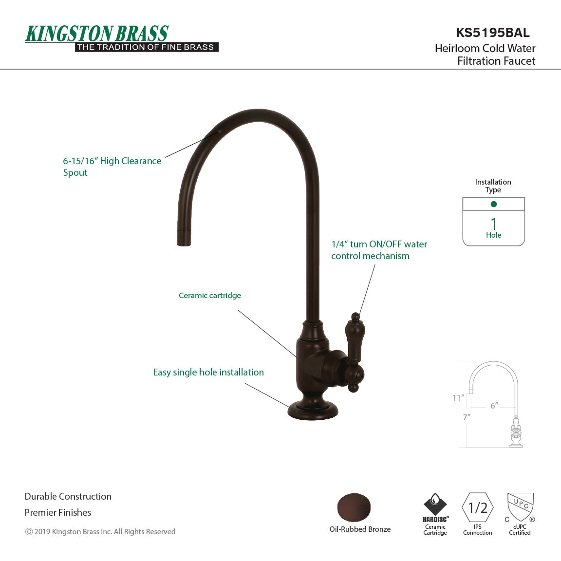 Heirloom KS5195BAL Single-Handle 1-Hole Deck Mount Water Filtration Faucet, Oil Rubbed Bronze