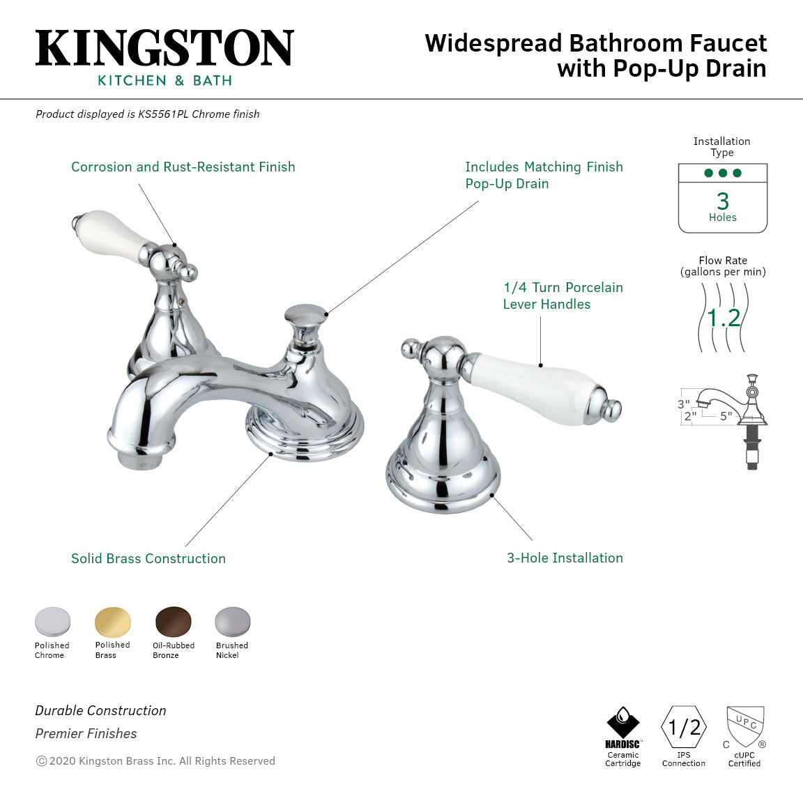 Royale KS5561PL Two-Handle 3-Hole Deck Mount Widespread Bathroom Faucet with Brass Pop-Up, Polished Chrome