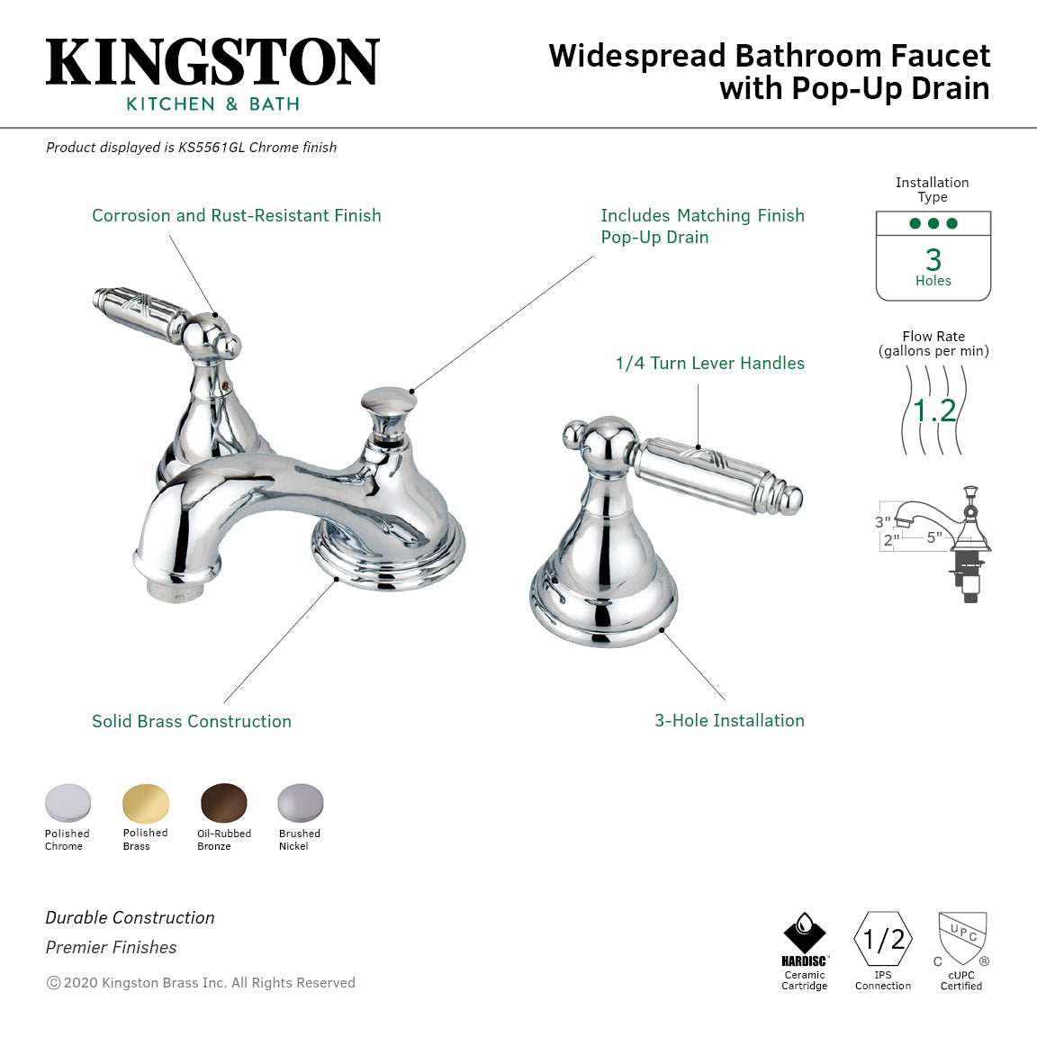 Georgian KS5562GL Two-Handle 3-Hole Deck Mount Widespread Bathroom Faucet with Brass Pop-Up, Polished Brass