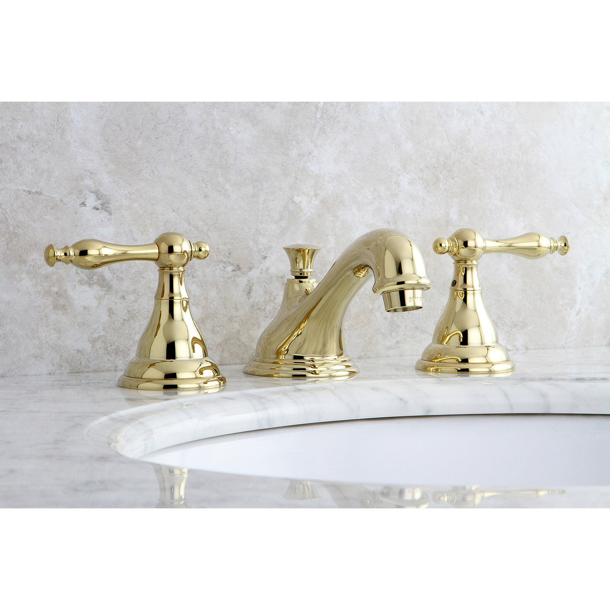 KS5562NL Two-Handle 3-Hole Deck Mount Widespread Bathroom Faucet with Brass Pop-Up, Polished Brass