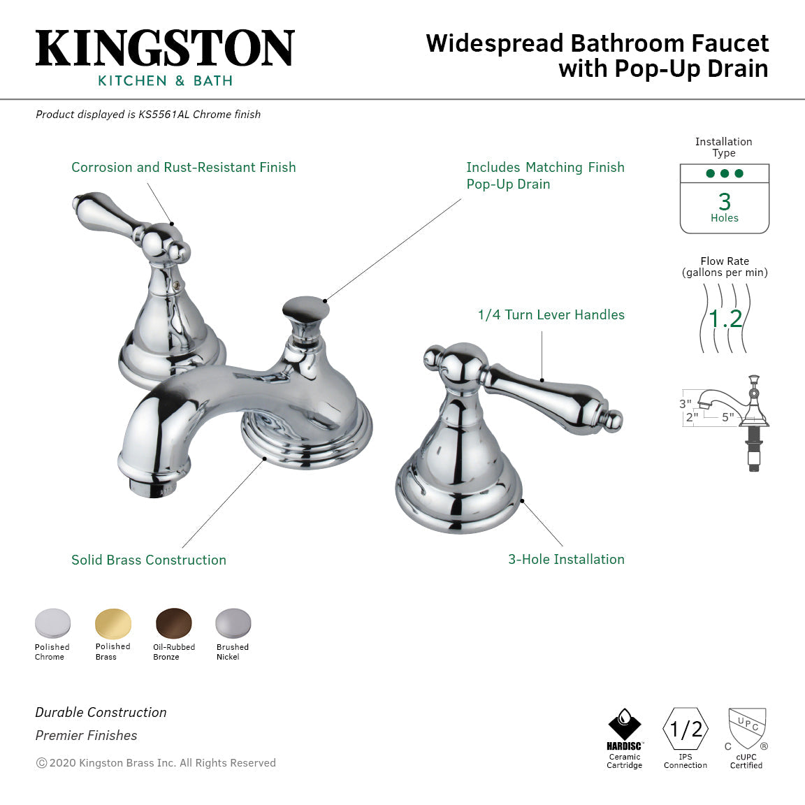 KS5568AL Two-Handle 3-Hole Deck Mount Widespread Bathroom Faucet with Brass Pop-Up, Brushed Nickel