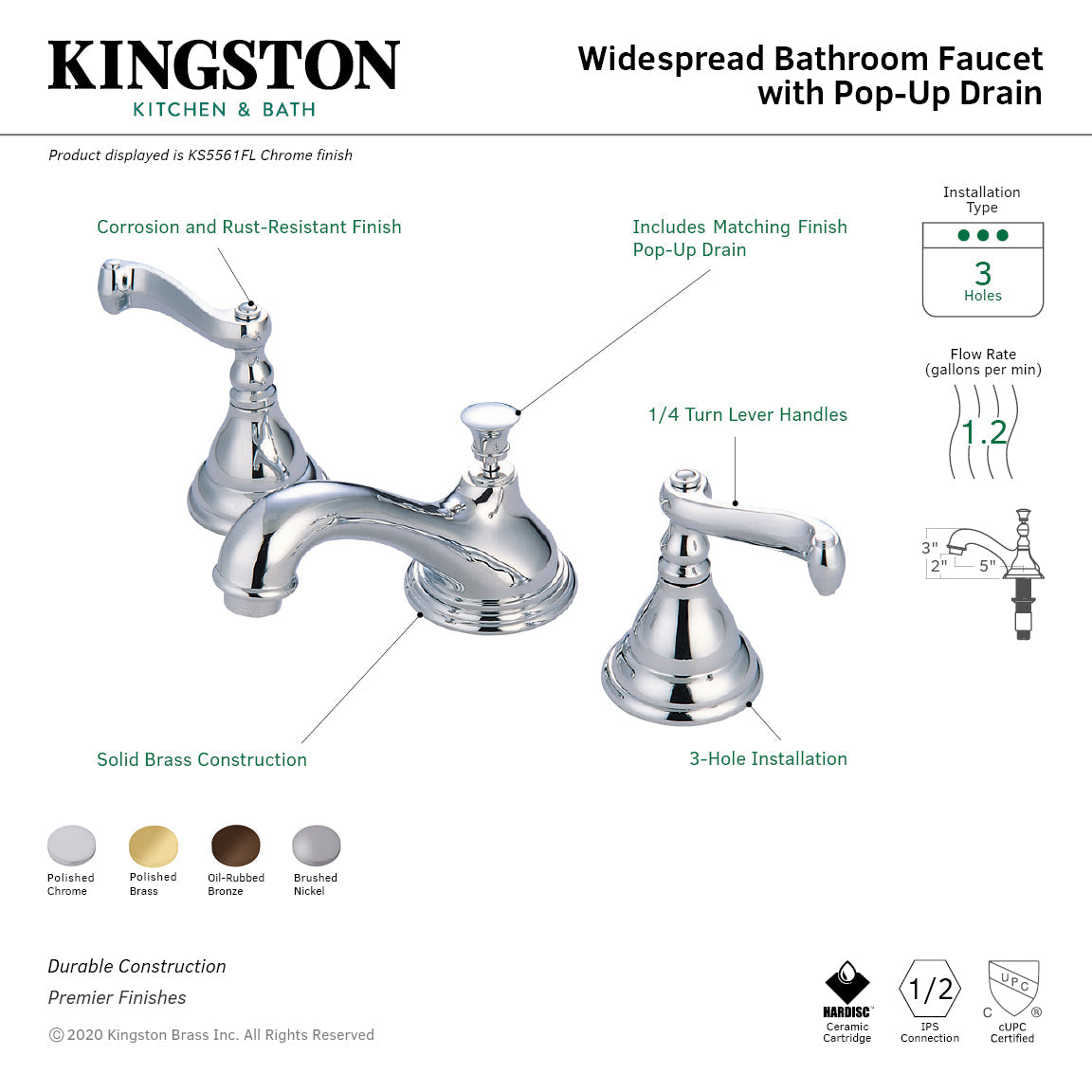 Royale KS5568FL Two-Handle 3-Hole Deck Mount Widespread Bathroom Faucet with Brass Pop-Up, Brushed Nickel