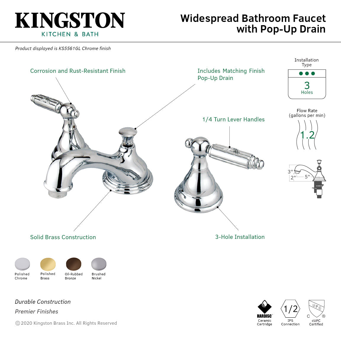 Georgian KS5568GL Two-Handle 3-Hole Deck Mount Widespread Bathroom Faucet with Brass Pop-Up, Brushed Nickel