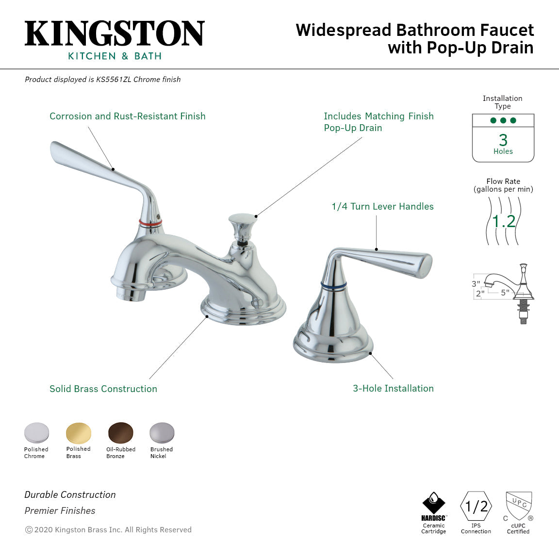 Silver Sage KS5568ZL Two-Handle 3-Hole Deck Mount Widespread Bathroom Faucet with Brass Pop-Up, Brushed Nickel