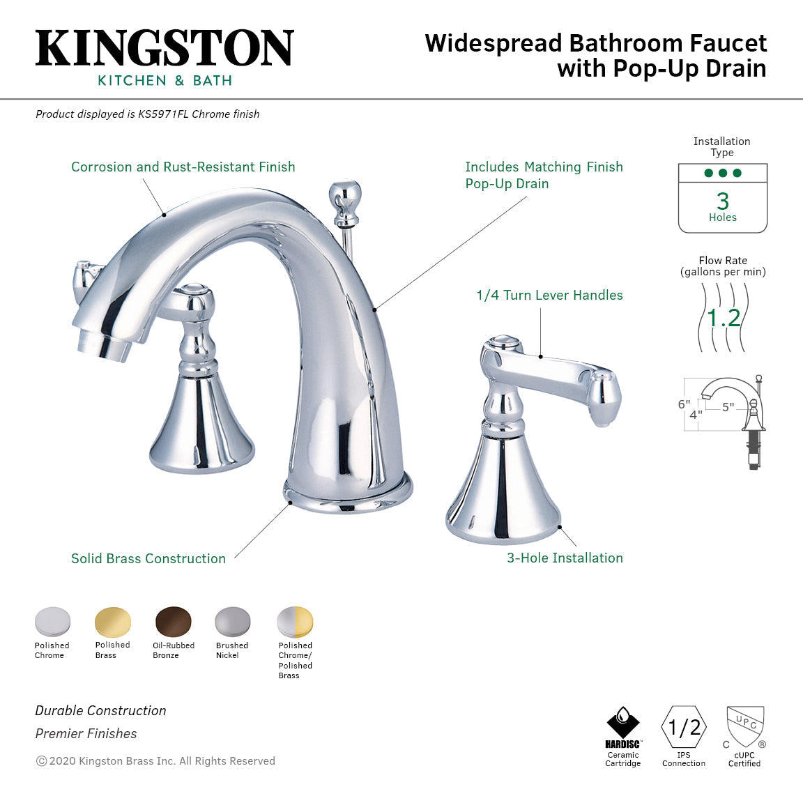 Royale KS5975FL Two-Handle 3-Hole Deck Mount Widespread Bathroom Faucet with Brass Pop-Up, Oil Rubbed Bronze