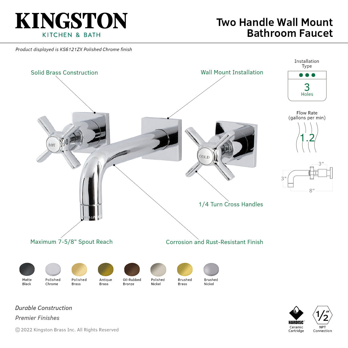 Millennium KS6120ZX Two-Handle 3-Hole Wall Mount Bathroom Faucet, Matte Black