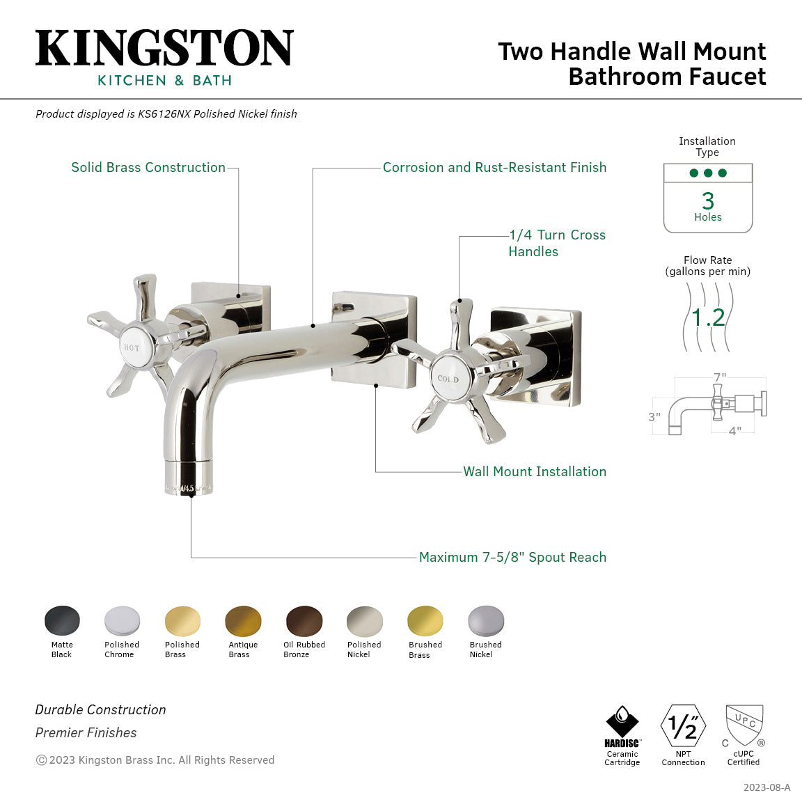 Hamilton KS6121NX Two-Handle 3-Hole Wall Mount Bathroom Faucet, Polished Chrome