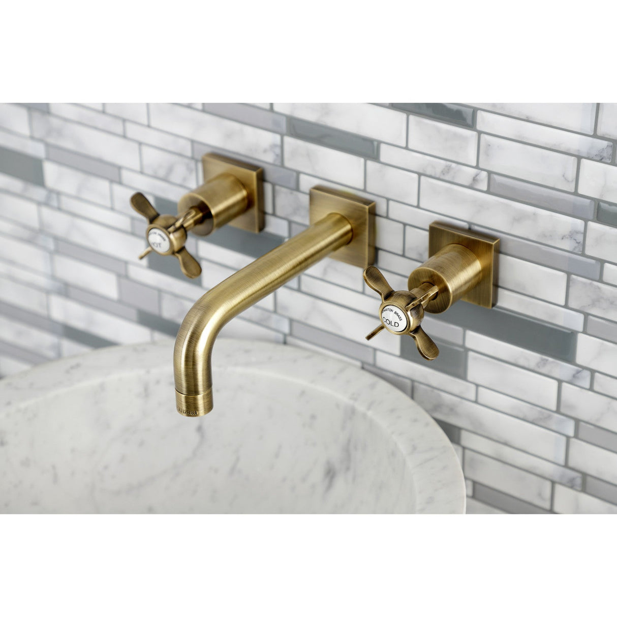 Essex KS6123BEX Two-Handle 3-Hole Wall Mount Bathroom Faucet, Antique Brass
