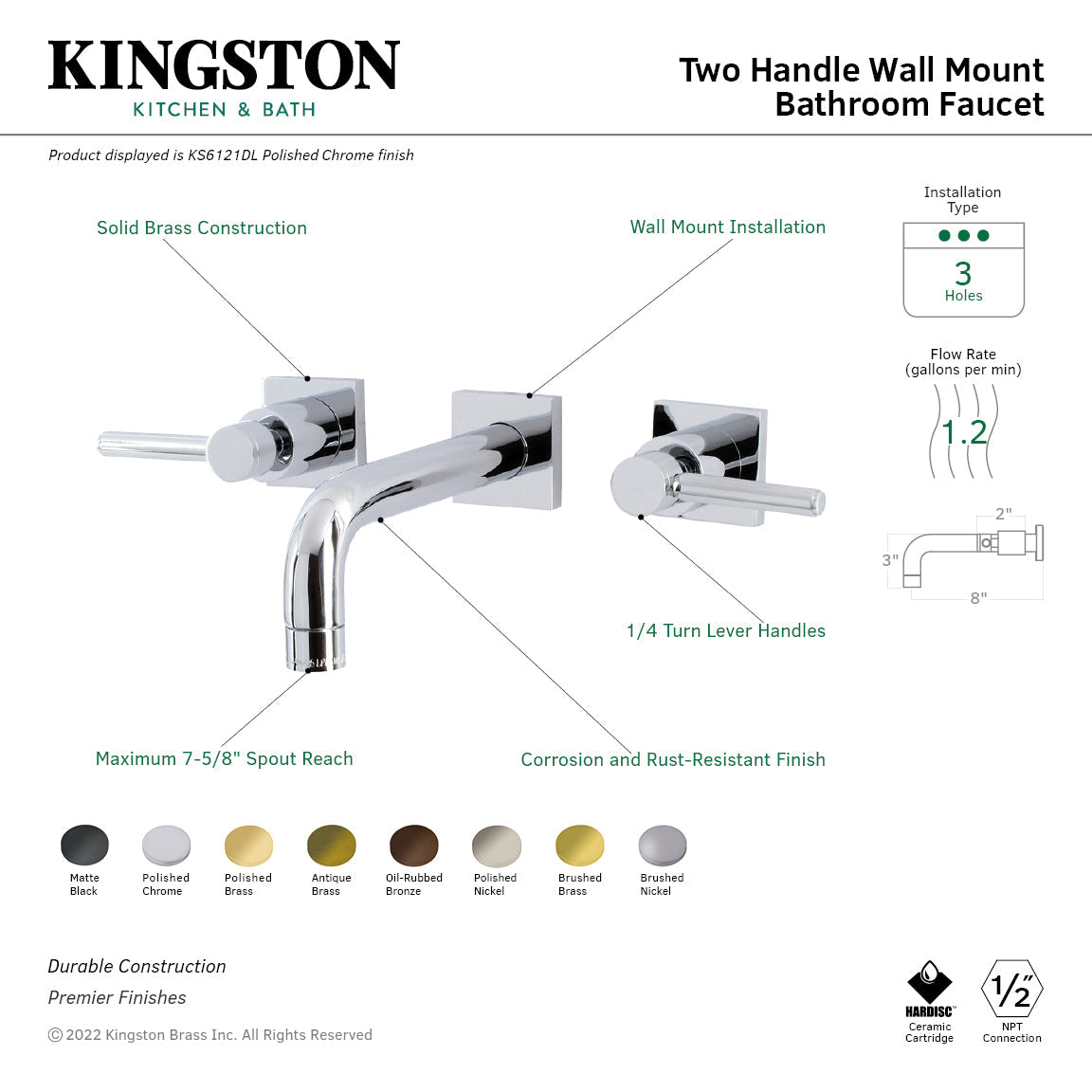Concord KS6128DL Two-Handle 3-Hole Wall Mount Bathroom Faucet, Brushed Nickel