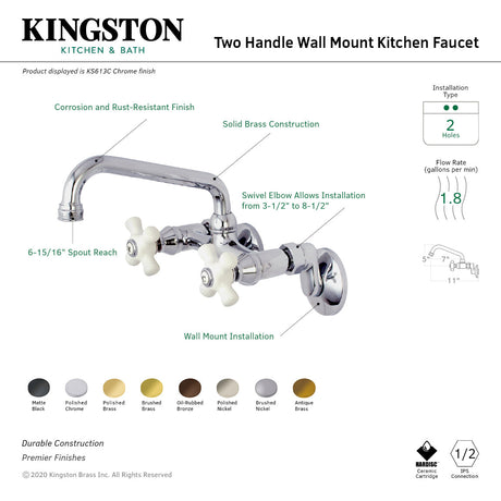 Kingston KS613AB Two-Handle 2-Hole Wall Mount Kitchen Faucet, Antique Brass