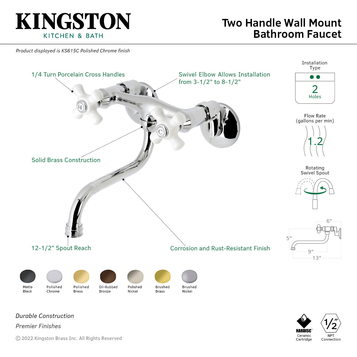 Kingston KS615SB Two-Handle 2-Hole Wall Mount Bathroom Faucet, Brushed Brass
