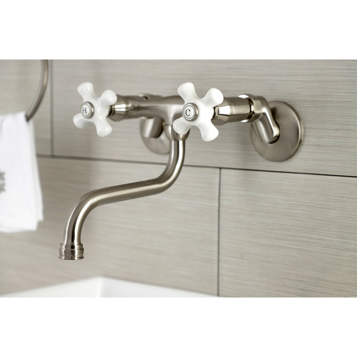 Kingston KS616SN Two-Handle 2-Hole Wall Mount Bathroom Faucet, Brushed Nickel
