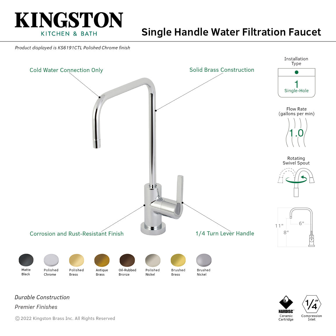 Continental KS6197CTL Single-Handle 1-Hole Deck Mount Water Filtration Faucet, Brushed Brass