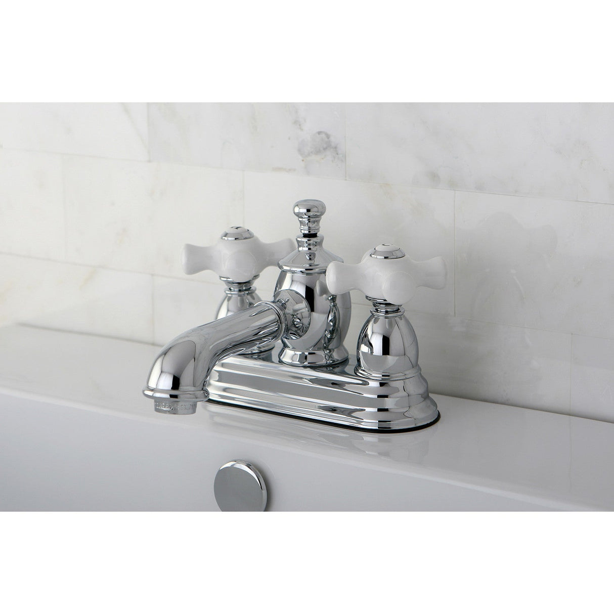 English Country KS7001PX Two-Handle 3-Hole Deck Mount 4" Centerset Bathroom Faucet with Brass Pop-Up, Polished Chrome