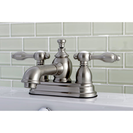 Tudor KS7008TAL Two-Handle 3-Hole Deck Mount 4" Centerset Bathroom Faucet with Brass Pop-Up, Brushed Nickel