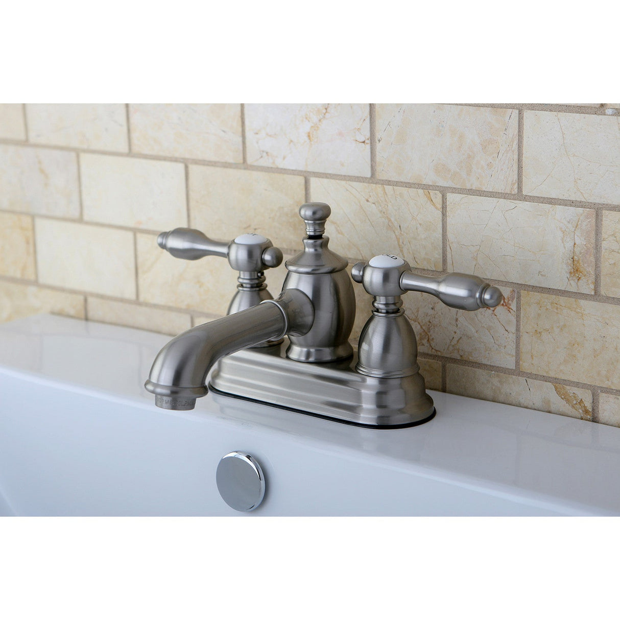 Tudor KS7008TAL Two-Handle 3-Hole Deck Mount 4" Centerset Bathroom Faucet with Brass Pop-Up, Brushed Nickel