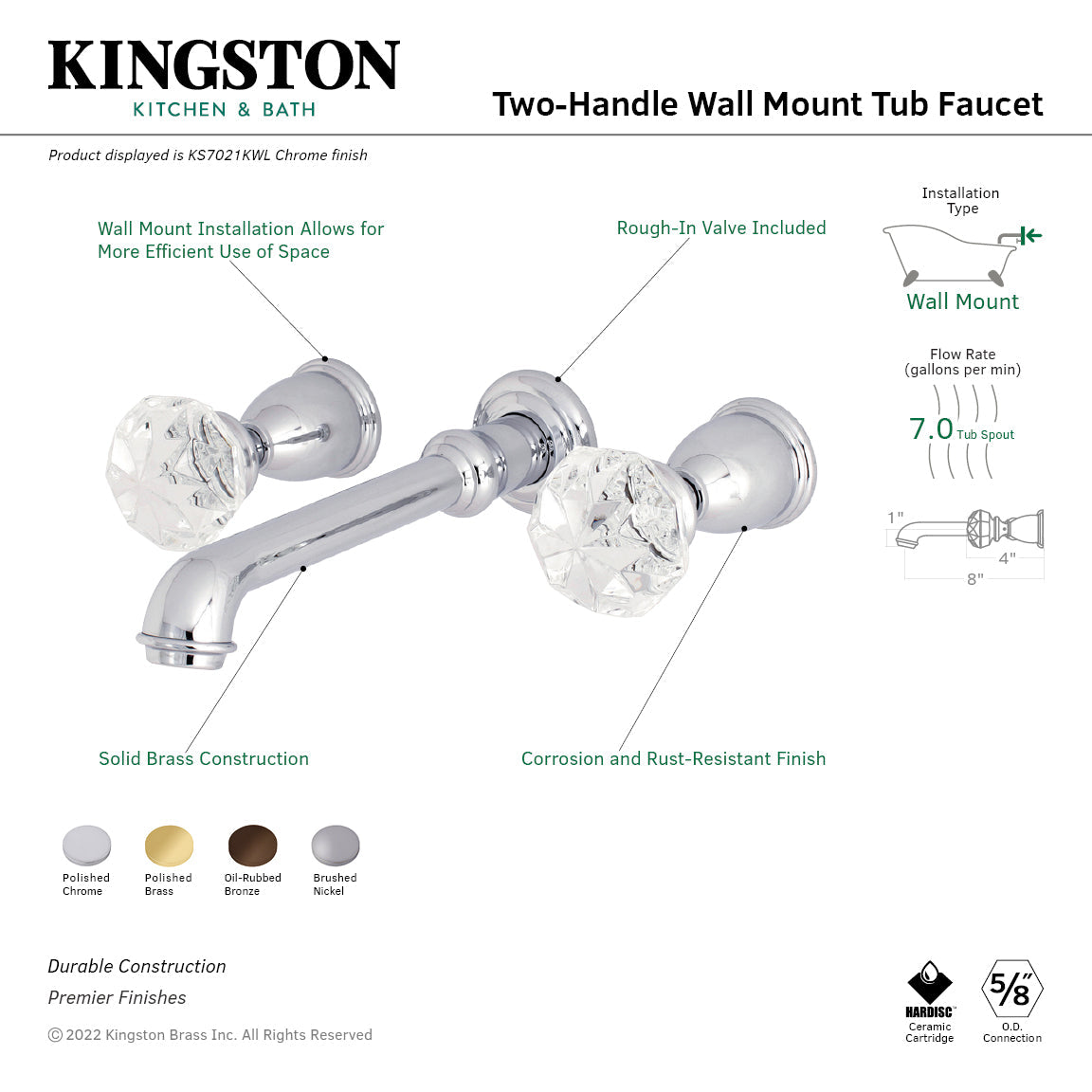 Krystal Onyx KS7022KWL Two-Handle 3-Hole Wall Mount Roman Tub Faucet, Polished Brass