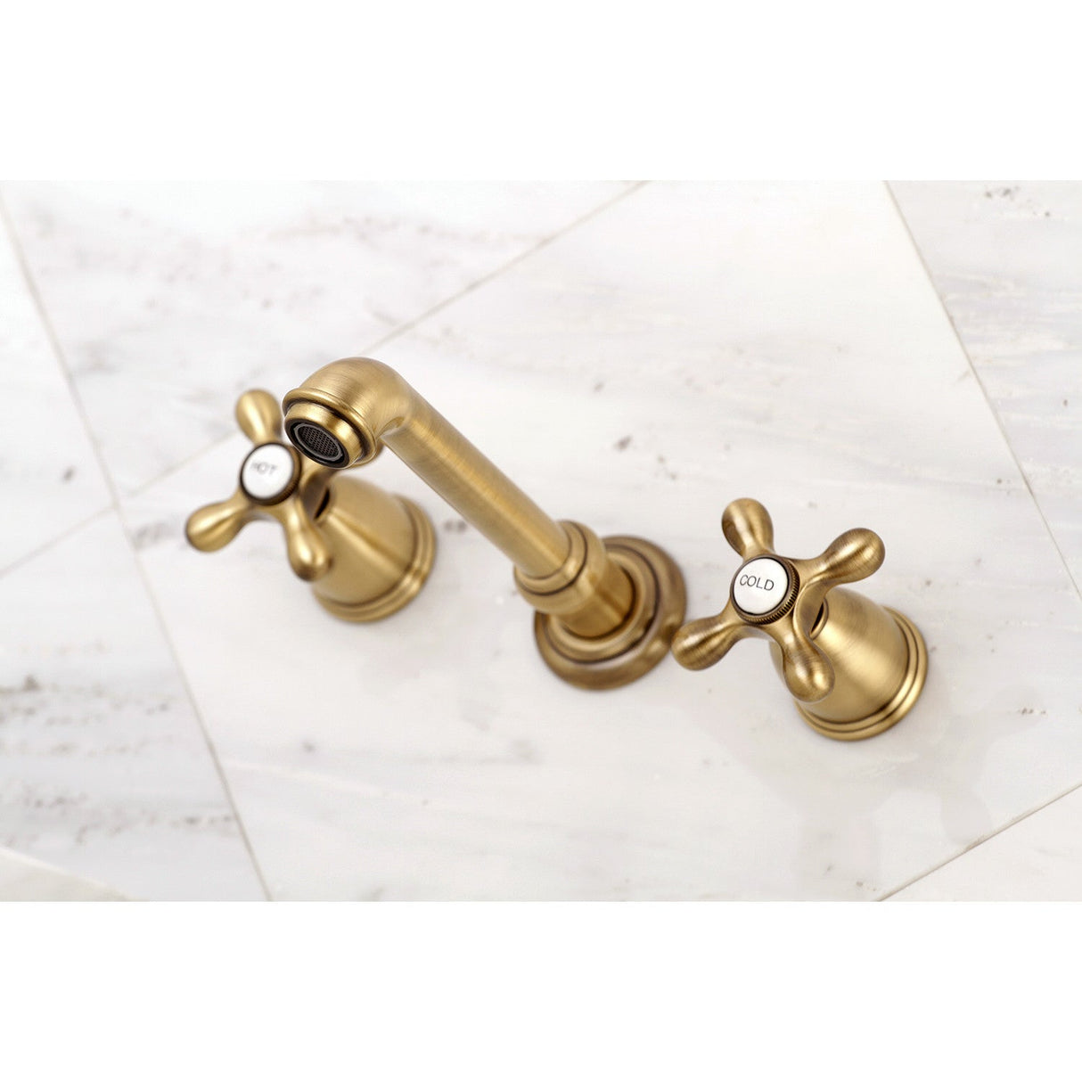 English Country KS7023AX Two-Handle 3-Hole Wall Mount Roman Tub Faucet, Antique Brass