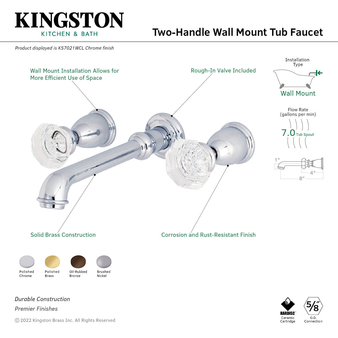 Celebrity KS7028WCL Two-Handle 3-Hole Wall Mount Roman Tub Faucet, Brushed Nickel