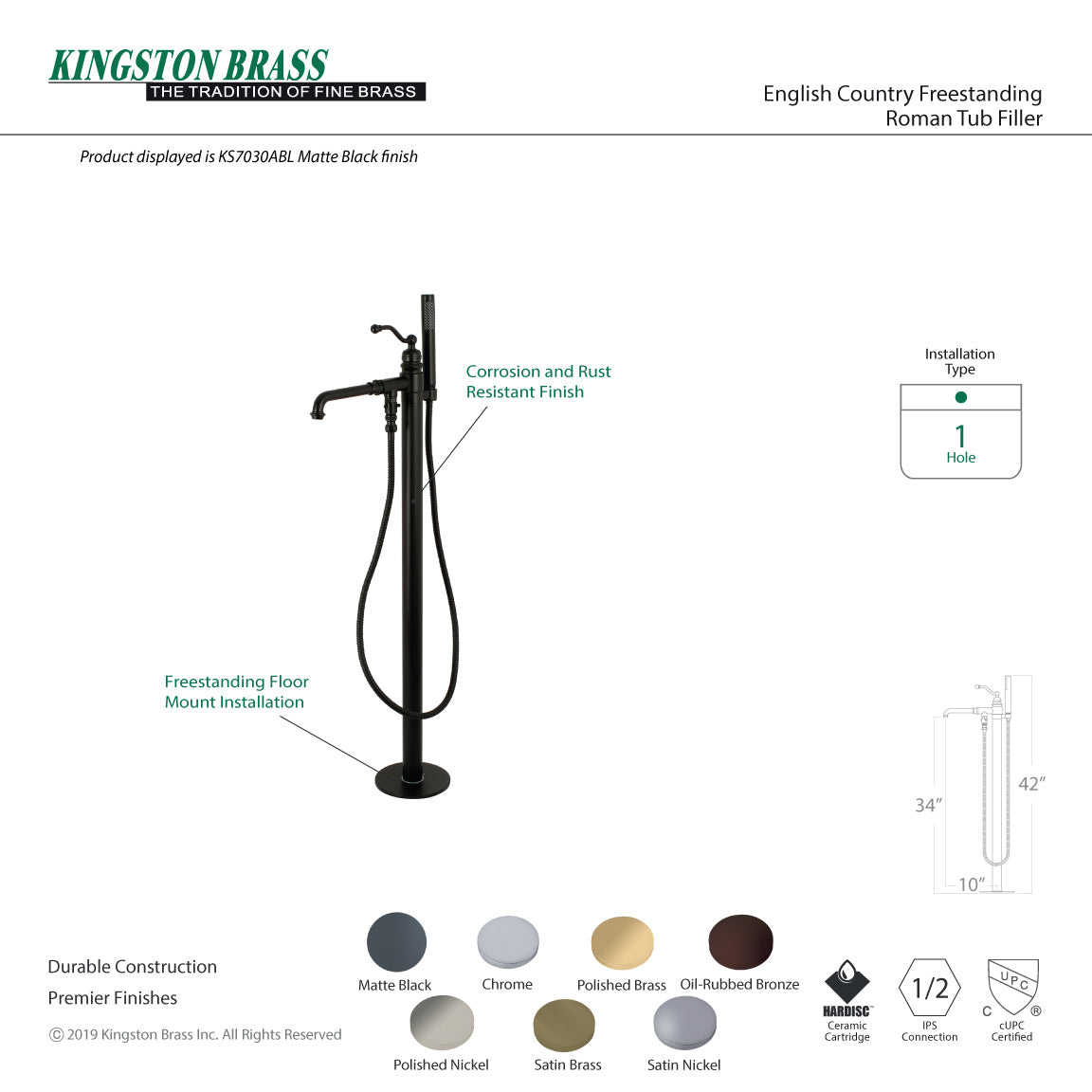 English Country KS7030ABL Single-Handle 1-Hole Freestanding Tub Faucet with Hand Shower, Matte Black