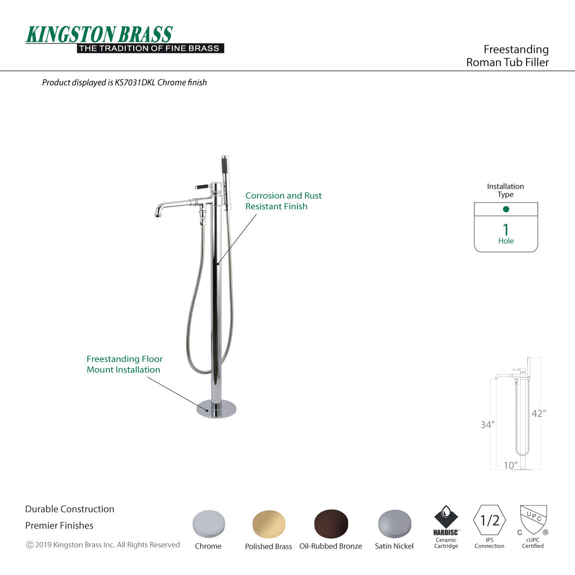 Kaiser KS7031DKL Single-Handle 1-Hole Freestanding Tub Faucet with Hand Shower, Polished Chrome