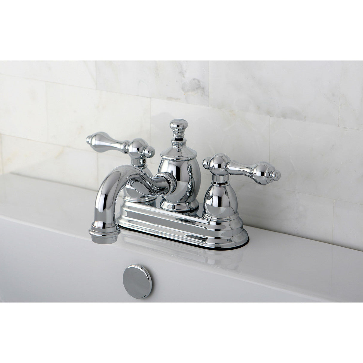 English Country KS7101AL Two-Handle 3-Hole Deck Mount 4" Centerset Bathroom Faucet with Brass Pop-Up, Polished Chrome
