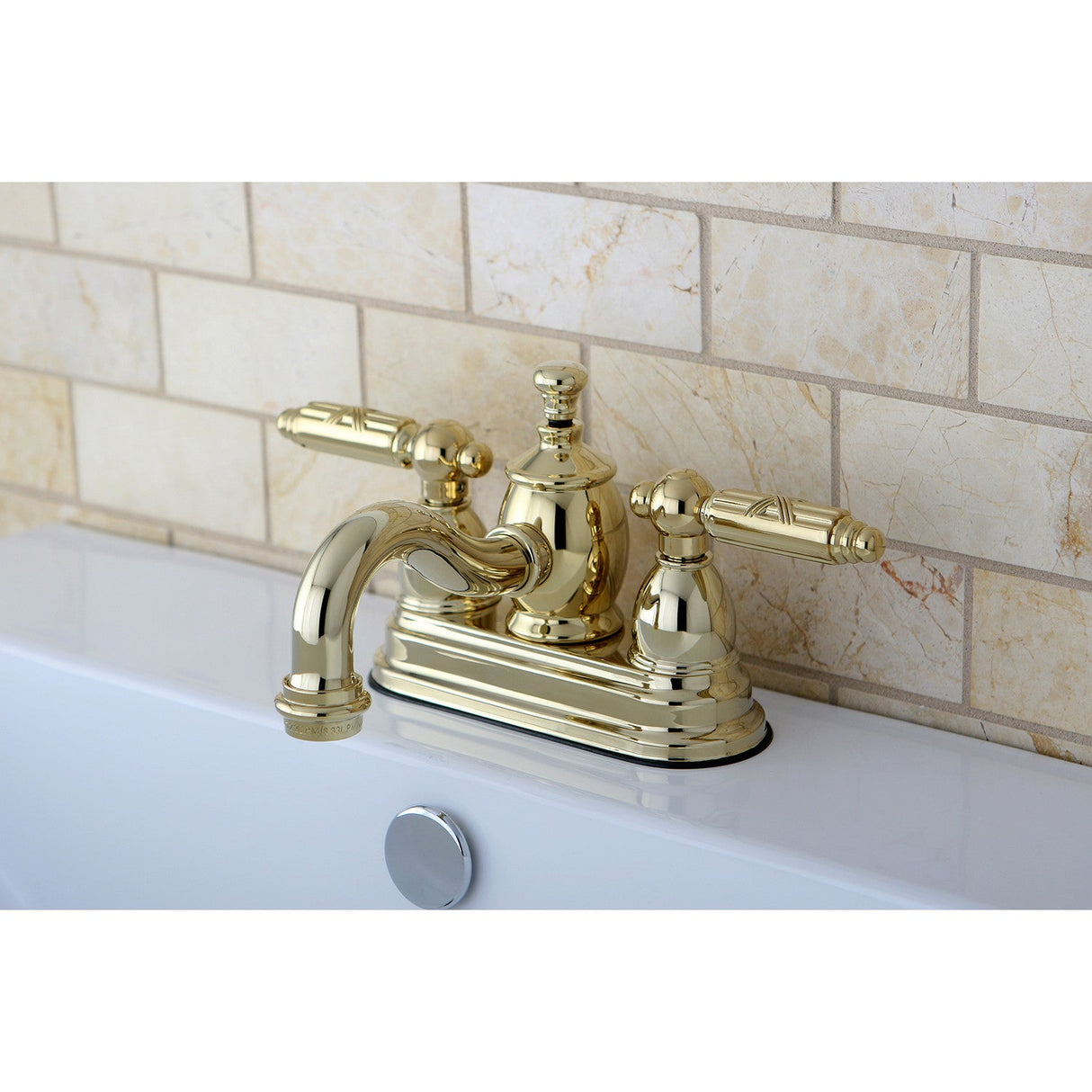 Georgian KS7102GL Two-Handle 3-Hole Deck Mount 4" Centerset Bathroom Faucet with Brass Pop-Up, Polished Brass