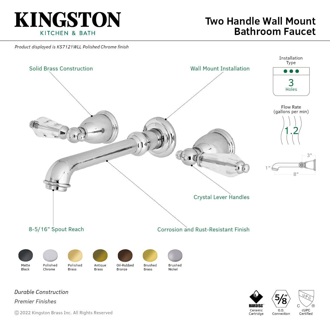 Wilshire KS7122WLL Two-Handle 3-Hole Wall Mount Bathroom Faucet, Polished Brass