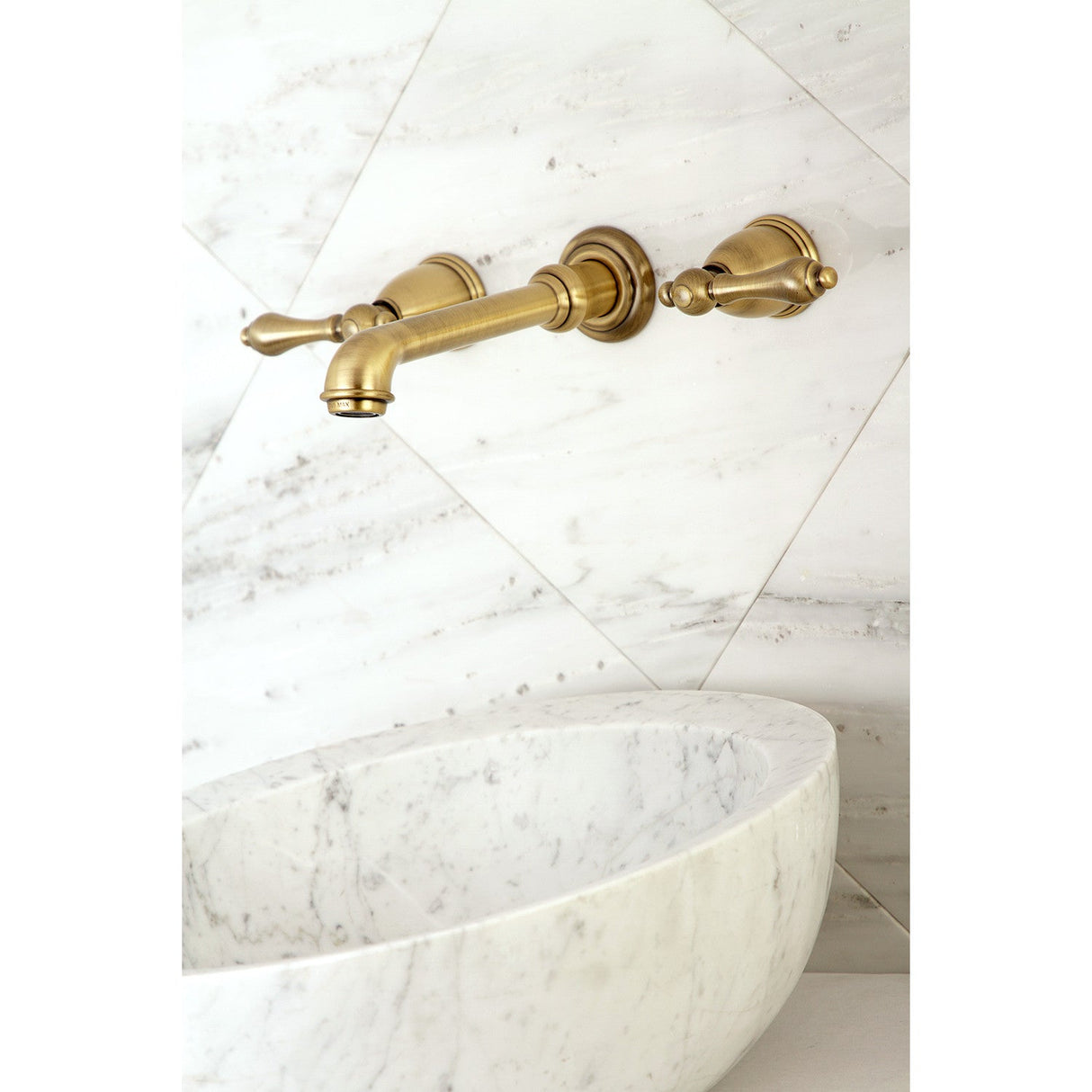 English Country KS7123AL Two-Handle 3-Hole Wall Mount Bathroom Faucet, Antique Brass