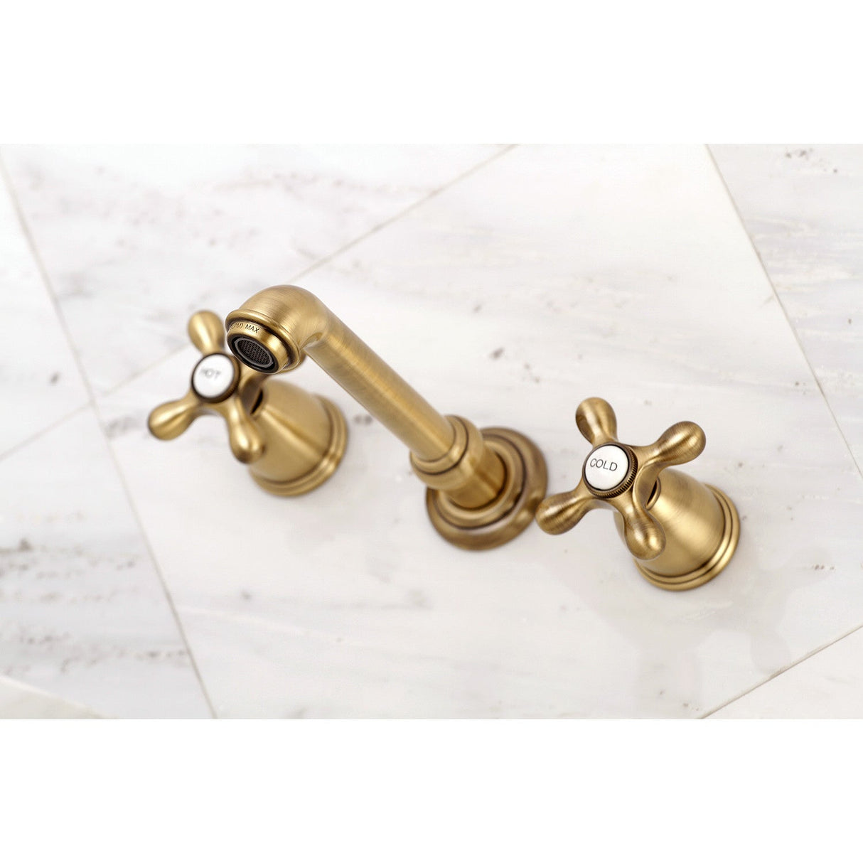 English Country KS7123AX Two-Handle 3-Hole Wall Mount Bathroom Faucet, Antique Brass