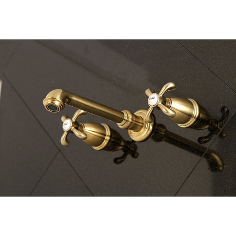 French Country KS7127TX Two-Handle 3-Hole Wall Mount Bathroom Faucet, Brushed Brass
