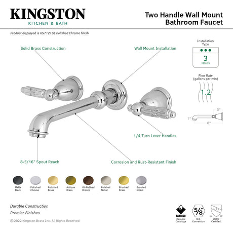 Georgian KS7128GL Two-Handle 3-Hole Wall Mount Bathroom Faucet, Brushed Nickel
