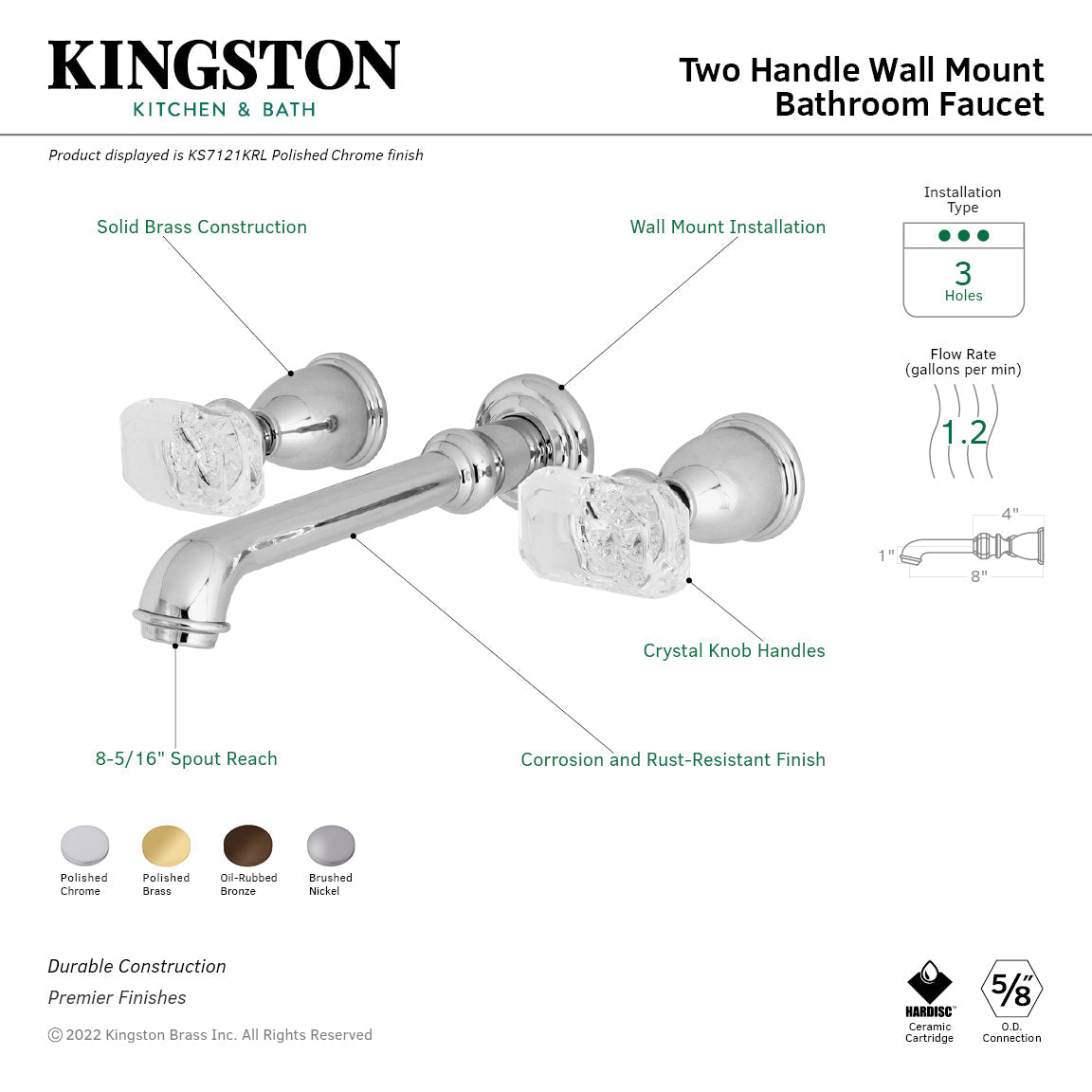 Krystal Onyx KS7128KRL Two-Handle 3-Hole Wall Mount Bathroom Faucet, Brushed Nickel