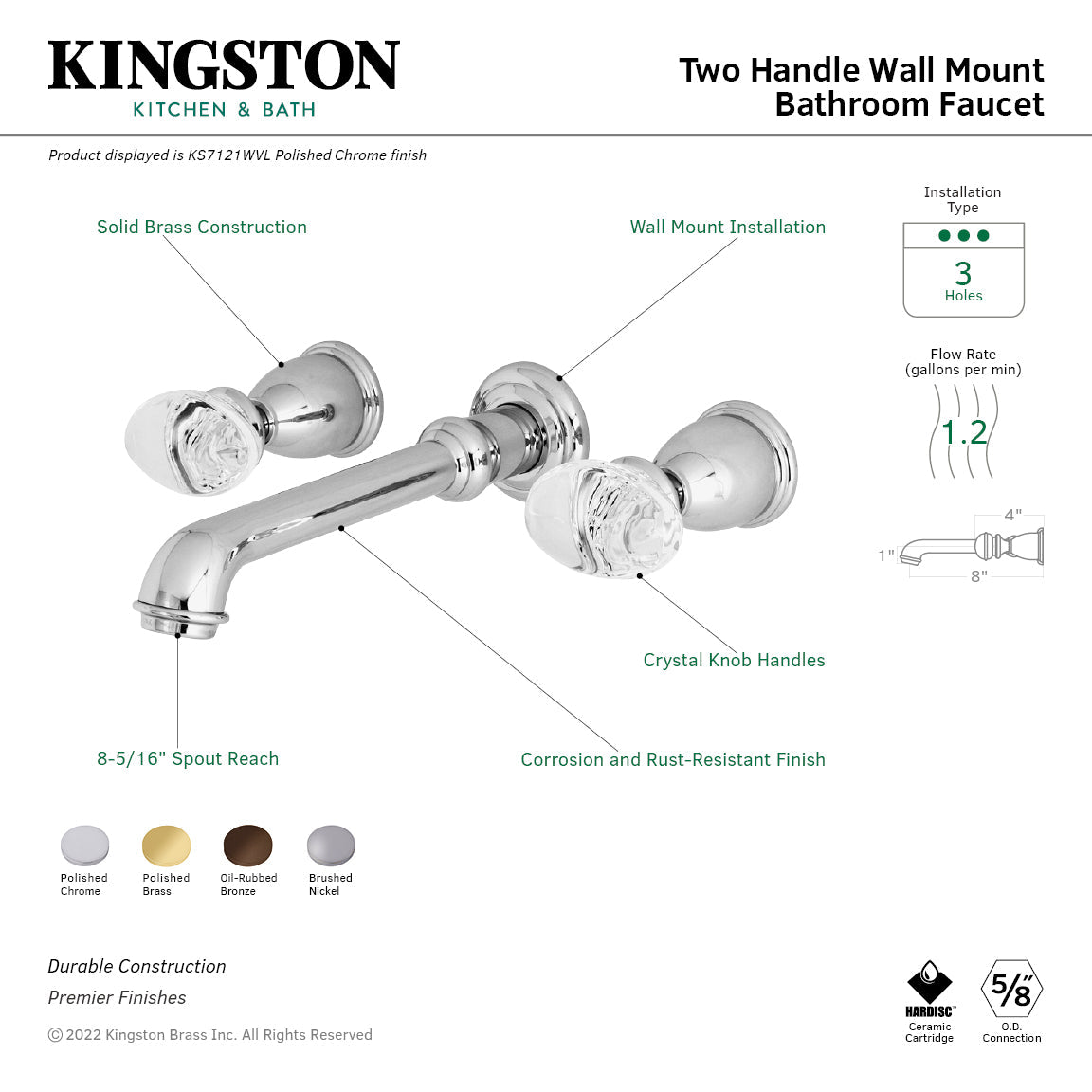 Krystal Onyx KS7128WVL Two-Handle 3-Hole Wall Mount Bathroom Faucet, Brushed Nickel