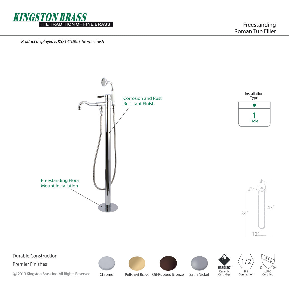 Kaiser KS7131DKL Single-Handle 1-Hole Freestanding Tub Faucet with Hand Shower, Polished Chrome