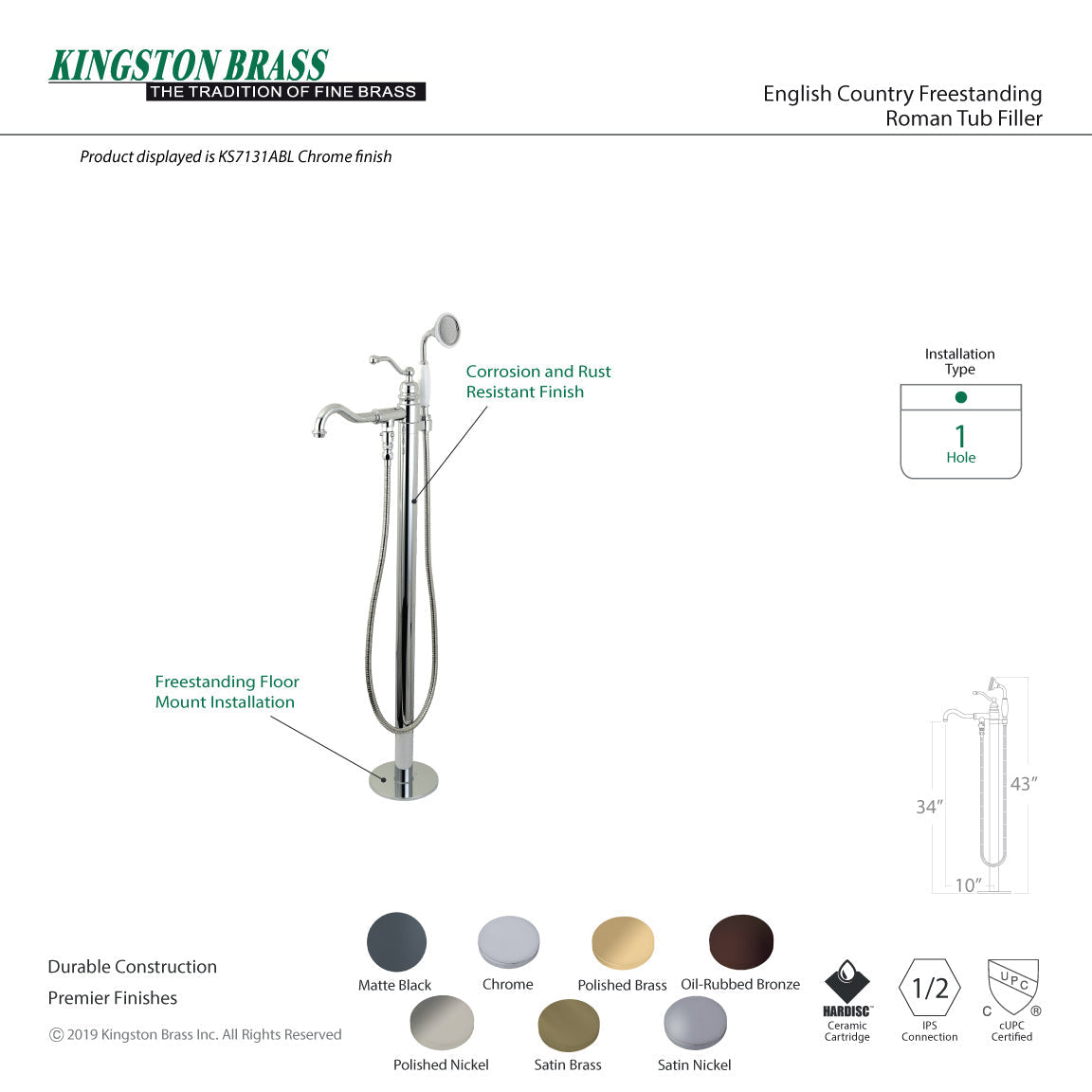 English Country KS7132ABL Single-Handle 1-Hole Freestanding Tub Faucet with Hand Shower, Polished Brass