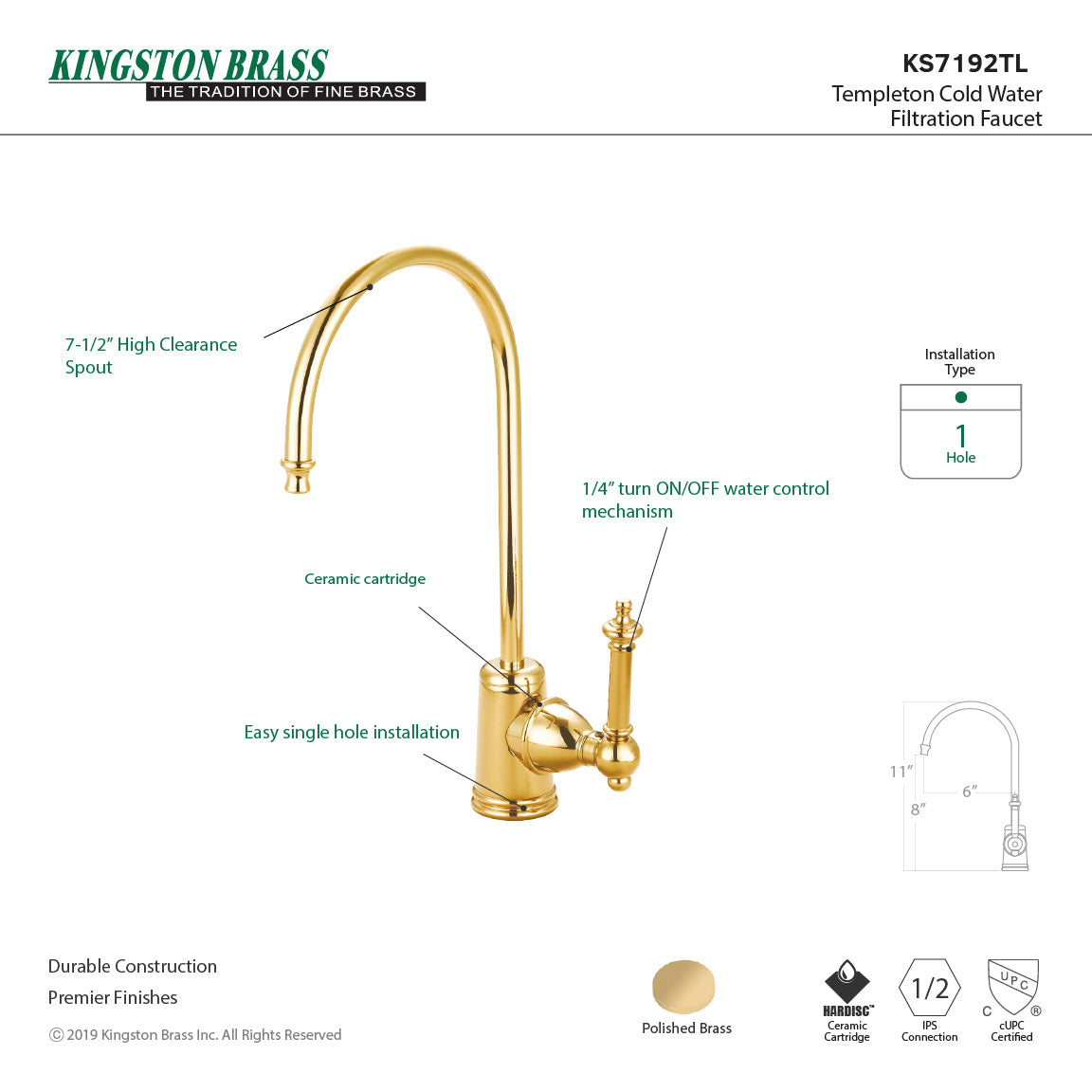 Templeton KS7192TL Single-Handle 1-Hole Deck Mount Water Filtration Faucet, Polished Brass