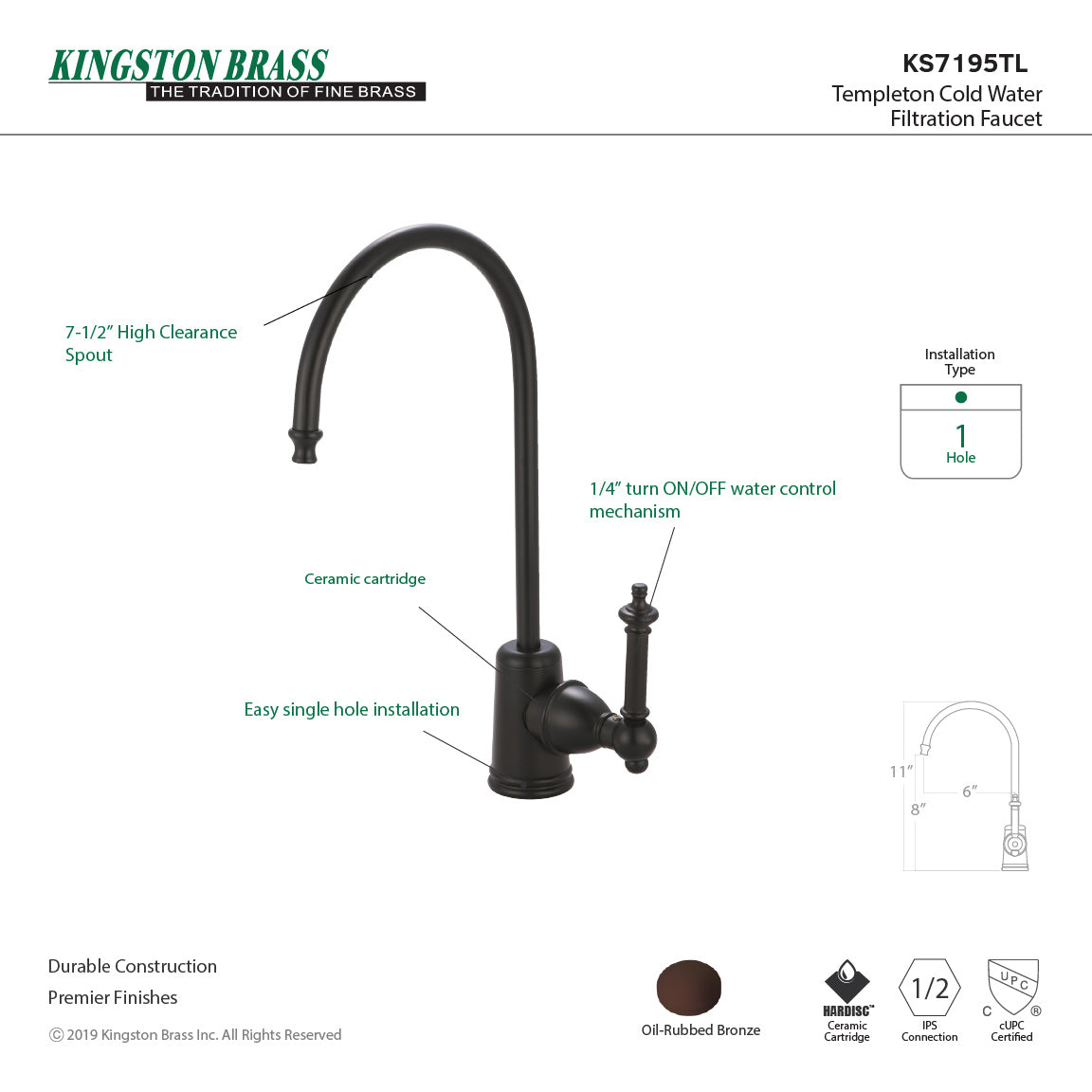 Templeton KS7195TL Single-Handle 1-Hole Deck Mount Water Filtration Faucet, Oil Rubbed Bronze