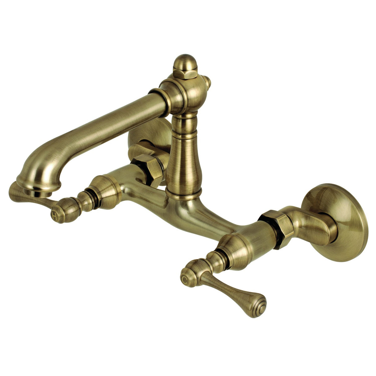 English Country KS7223BL Two-Handle 2-Hole Wall Mount Kitchen Faucet, Antique Brass