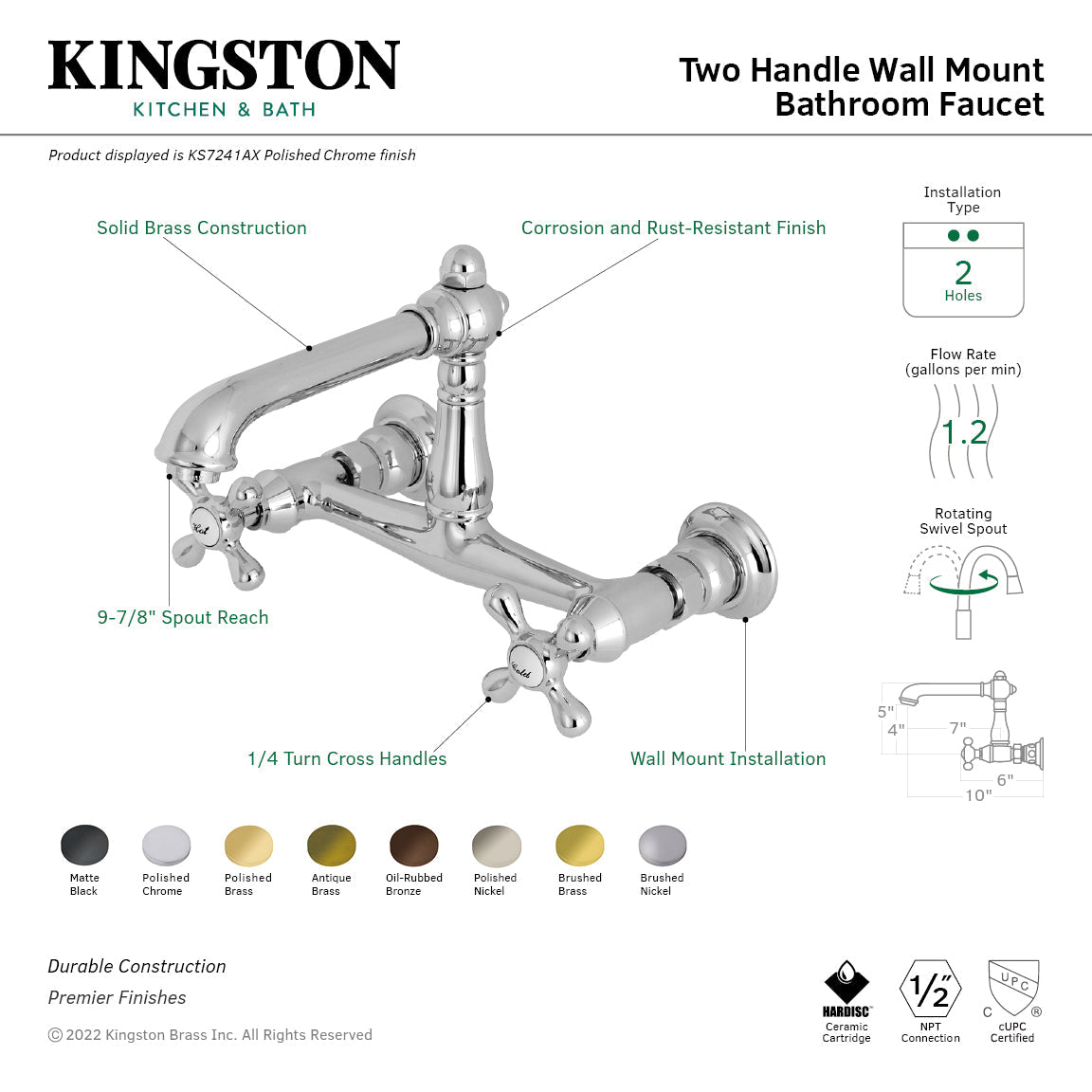English Country KS7240AX Two-Handle 2-Hole Wall Mount Bathroom Faucet, Matte Black