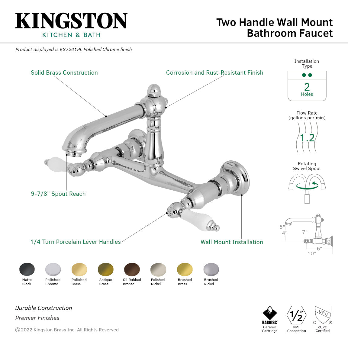 English Country KS7245PL Two-Handle 2-Hole Wall Mount Bathroom Faucet, Oil Rubbed Bronze