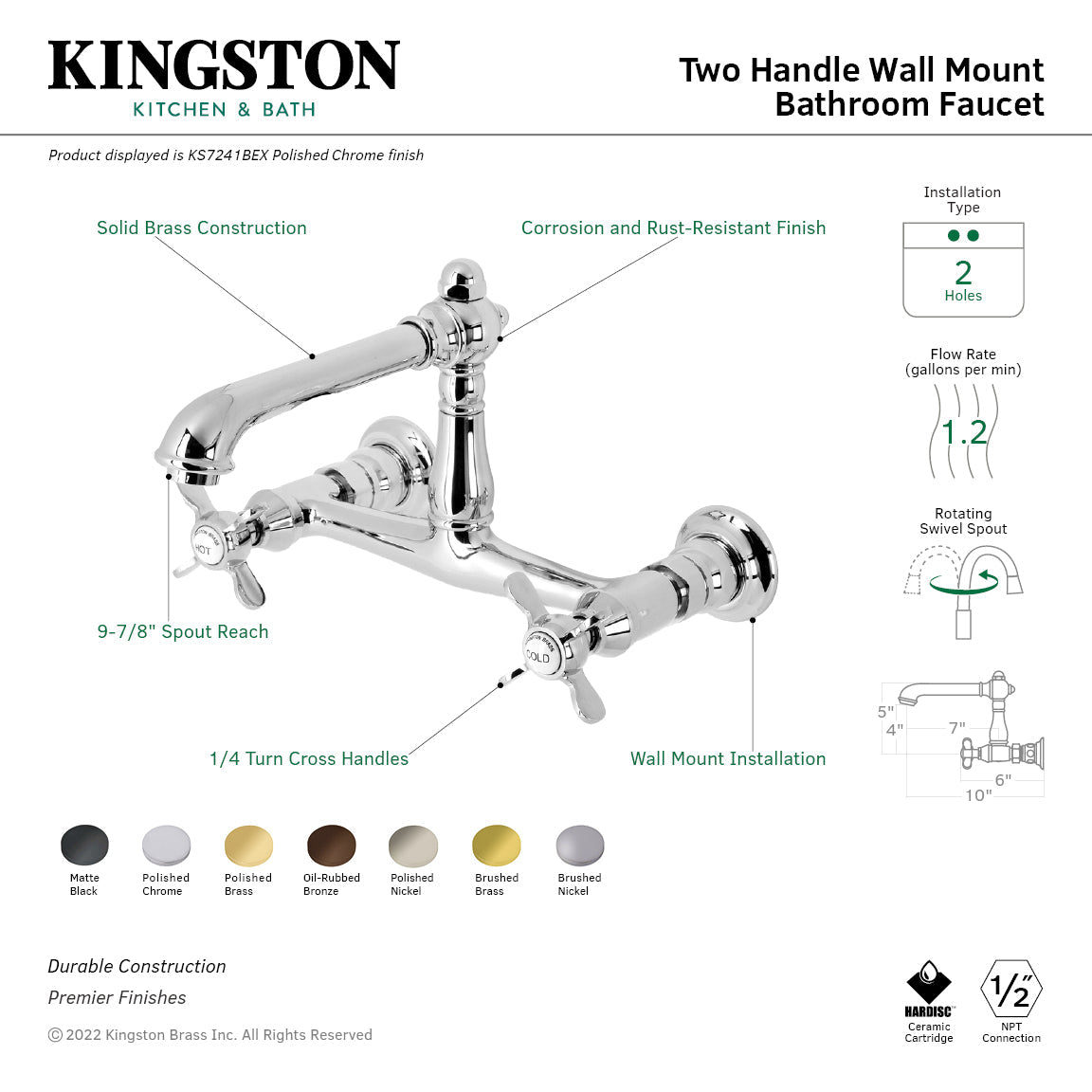 Essex KS7246BEX Two-Handle 2-Hole Wall Mount Bathroom Faucet, Polished Nickel