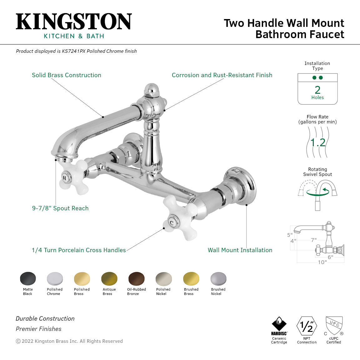 English Country KS7246PX Two-Handle 2-Hole Wall Mount Bathroom Faucet, Polished Nickel