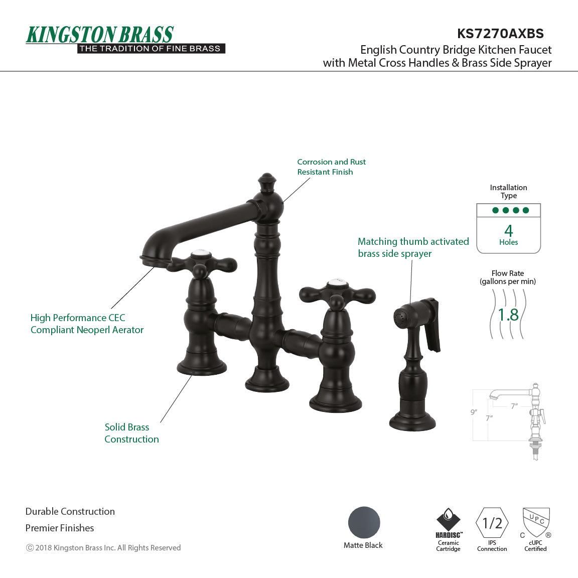 English Country KS7270AXBS Two-Handle 4-Hole Deck Mount Bridge Kitchen Faucet with Side Sprayer, Matte Black