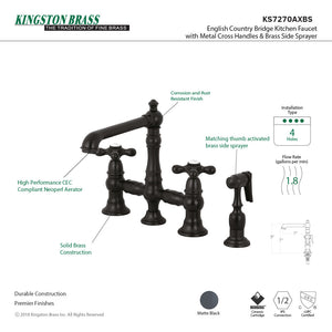 English Country KS7270AXBS Two-Handle 4-Hole Deck Mount Bridge Kitchen Faucet with Side Sprayer, Matte Black