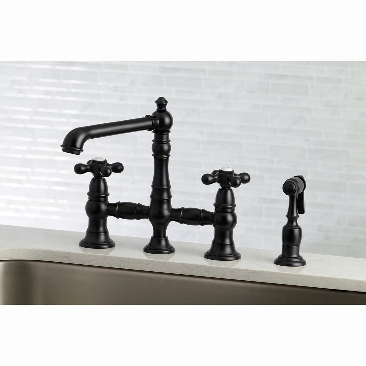 English Country KS7270AXBS Two-Handle 4-Hole Deck Mount Bridge Kitchen Faucet with Side Sprayer, Matte Black