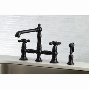 English Country KS7270AXBS Two-Handle 4-Hole Deck Mount Bridge Kitchen Faucet with Side Sprayer, Matte Black